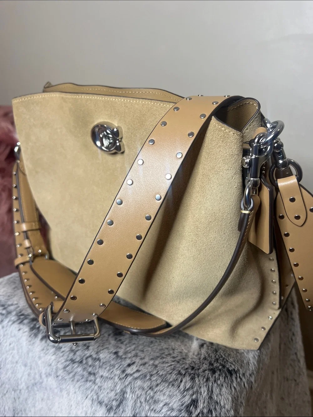 Coach Beige Suede Shoulder Bag with Studded Leather Strap